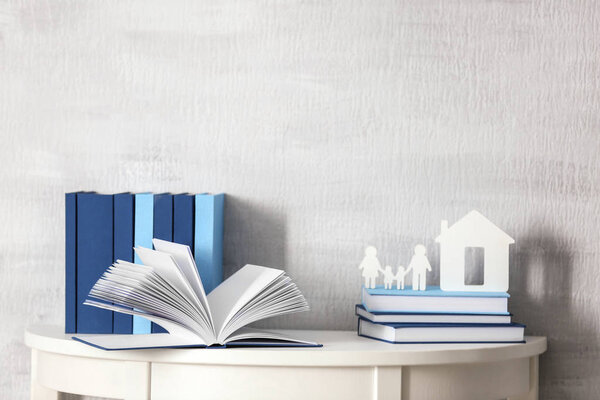 Blue books on table