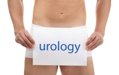 Man holding paper with word UROLOGY clipart