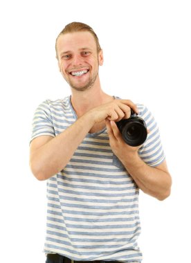 Kameralı yakışıklı fotoğrafçı.