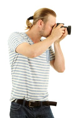 Kameralı yakışıklı fotoğrafçı.