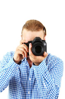 Kameralı yakışıklı fotoğrafçı.
