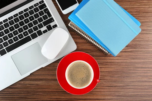 Office desk with coffee and accessories — Stock Photo, Image