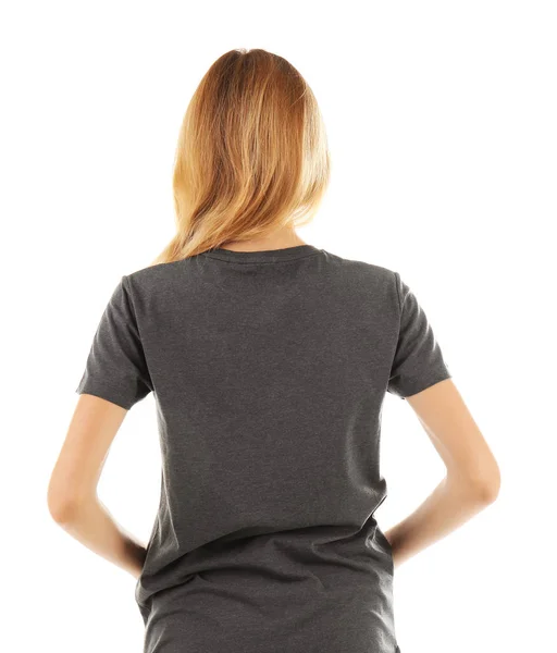Jovem mulher em branco cinza t-shirt — Fotografia de Stock