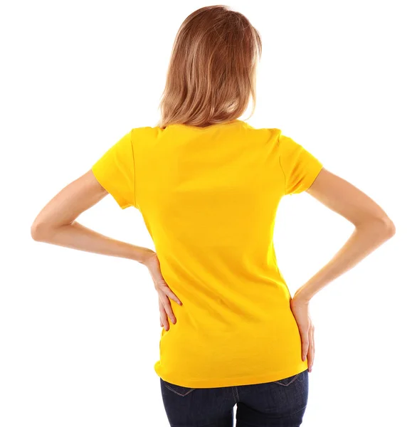 Young woman in blank yellow t-shirt — Stock Photo, Image