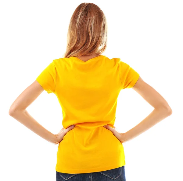 Young woman in blank yellow t-shirt — Stock Photo, Image