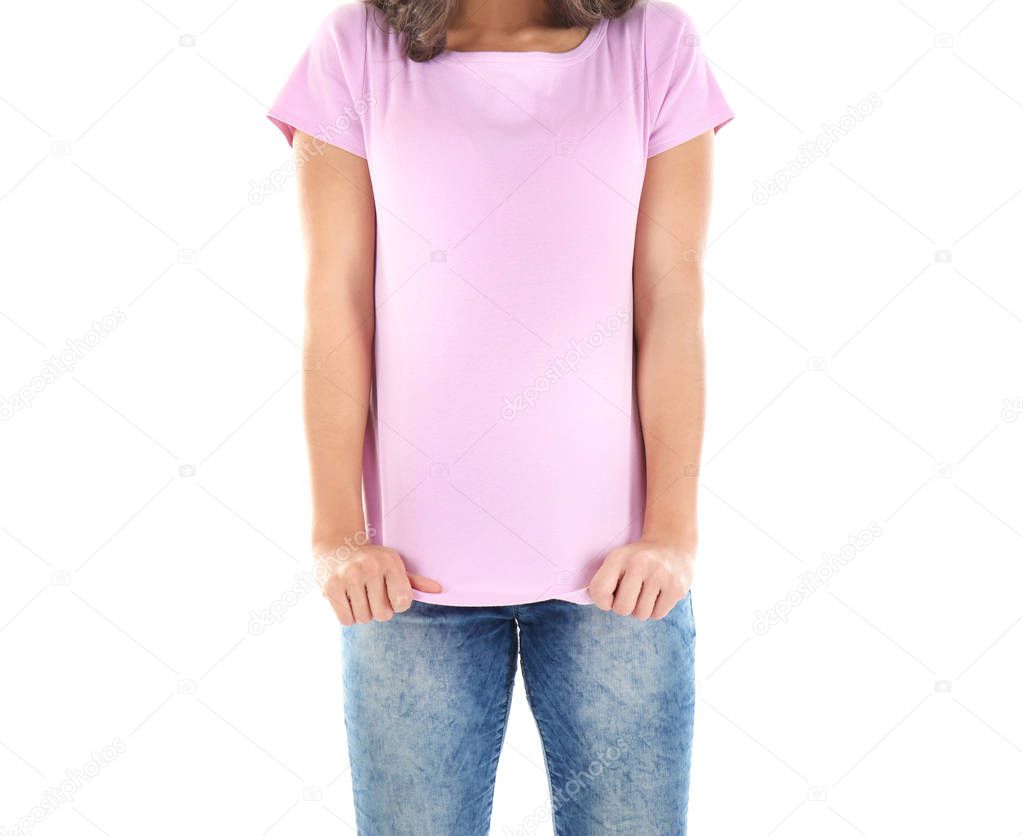 Young woman in blank pink t-shirt