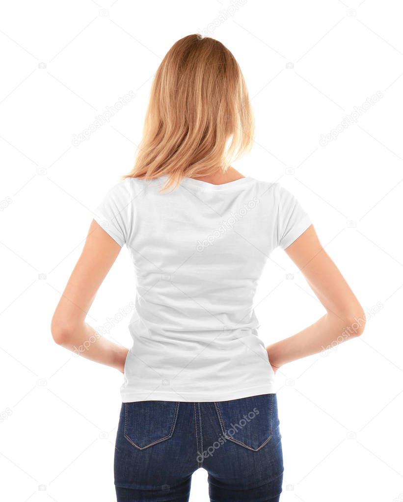 Young woman in blank white t-shirt