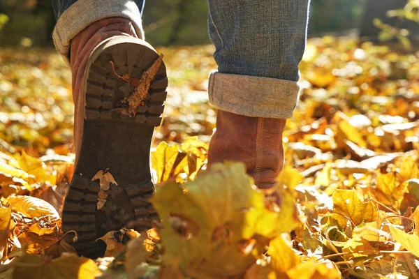 Nogi kobieta spaceru w parku jesień — Zdjęcie stockowe