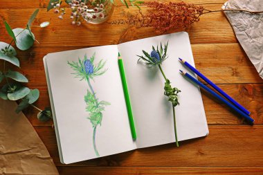 Collection of plants and sketchbook with drawing on wooden background clipart