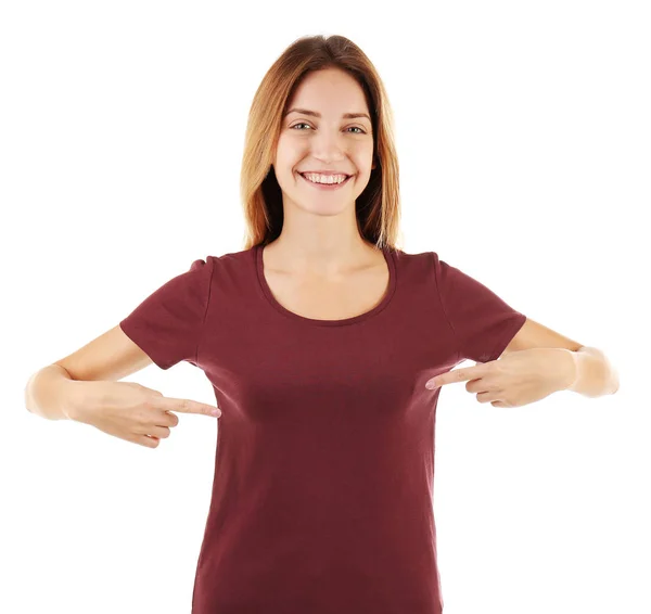 Jovem mulher em branco t-shirt — Fotografia de Stock