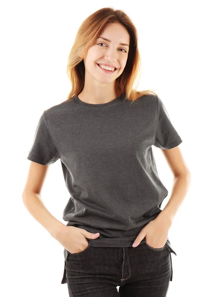 Νεαρή γυναίκα στο κενό t-shirt — Φωτογραφία Αρχείου