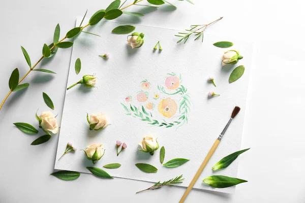 Aquarel schilderij met bloemen op album vel — Stockfoto