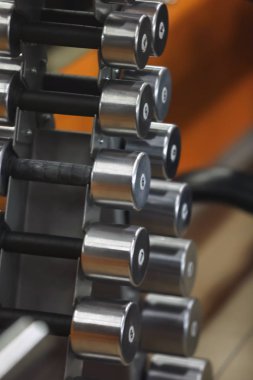 Spor salonunda dumbbells ile raf tipi, görünümü kapatın