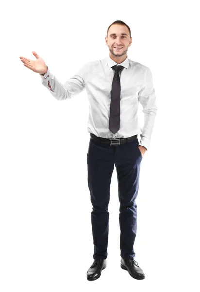 Junger Business-Coach erklärt Seminar über weißen Hintergrund — Stockfoto