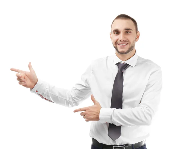 Young business coach explaining seminar on white background — Stock Photo, Image