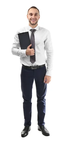 Young business coach with clipboard standing on white background — Stock Photo, Image