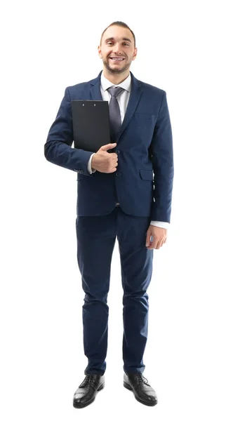 Jonge business coach met Klembord staan op witte achtergrond — Stockfoto