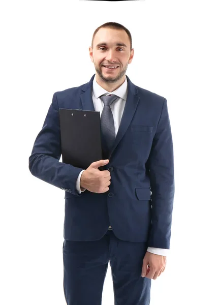 Joven entrenador de negocios con portapapeles de pie sobre fondo blanco — Foto de Stock