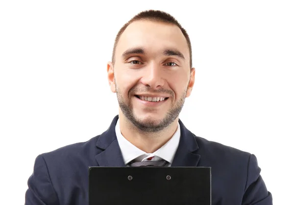 Young business coach with clipboard standing on white background — Stock Photo, Image