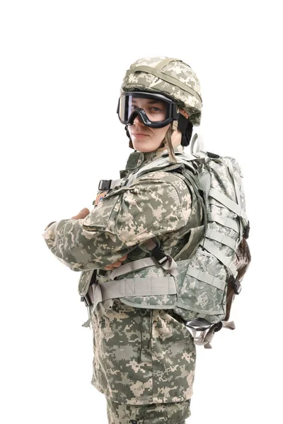 Żołnierz w kamuflażu na białym — Zdjęcie stockowe