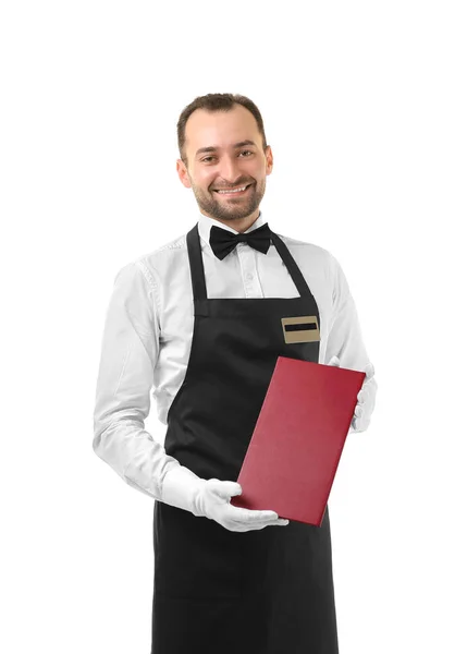 Красивый официант с меню — стоковое фото