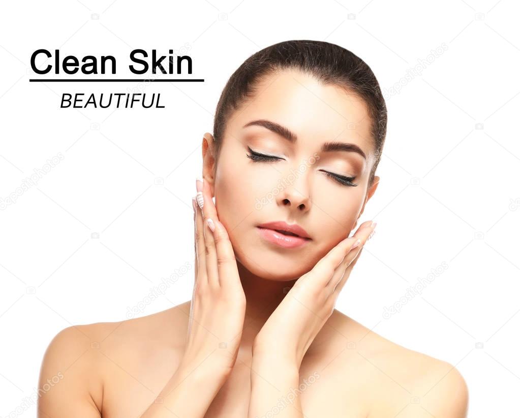 Skin care concept. Young woman on white background