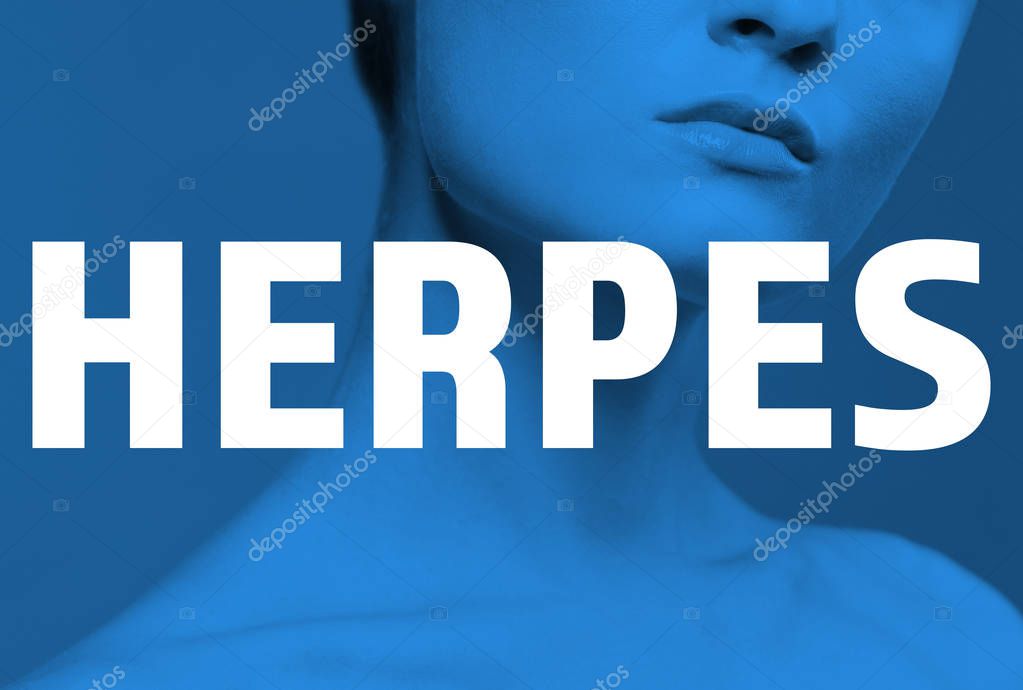 Word HERPES and woman on background