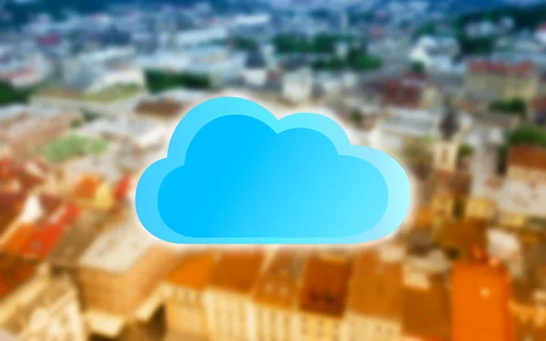 Εικονίδιο σύννεφου σε αστικό τοπίο θολή φόντο. Έννοια της σύγχρονης τεχνολογίας — Φωτογραφία Αρχείου