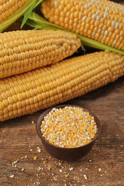 Ground corn seeds and in bowl — Stock Photo, Image