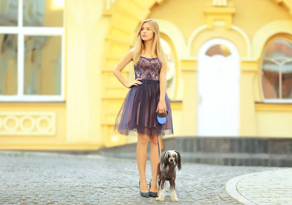 Mujer joven paseando a su perro — Foto de Stock