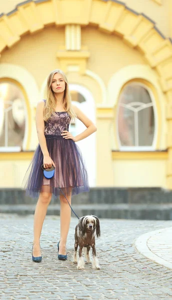 Giovane donna che porta a spasso il cane — Foto Stock