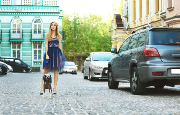 Onu köpek yürüyen genç bir kadın — Stok fotoğraf