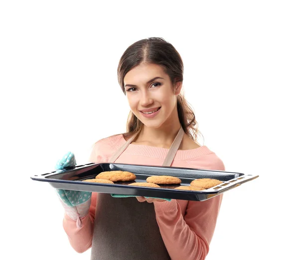 Pretty young woman with baking pan — Stock Photo, Image