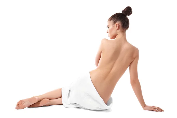 Beautiful Naked Woman Towel White Background — Stock Photo, Image