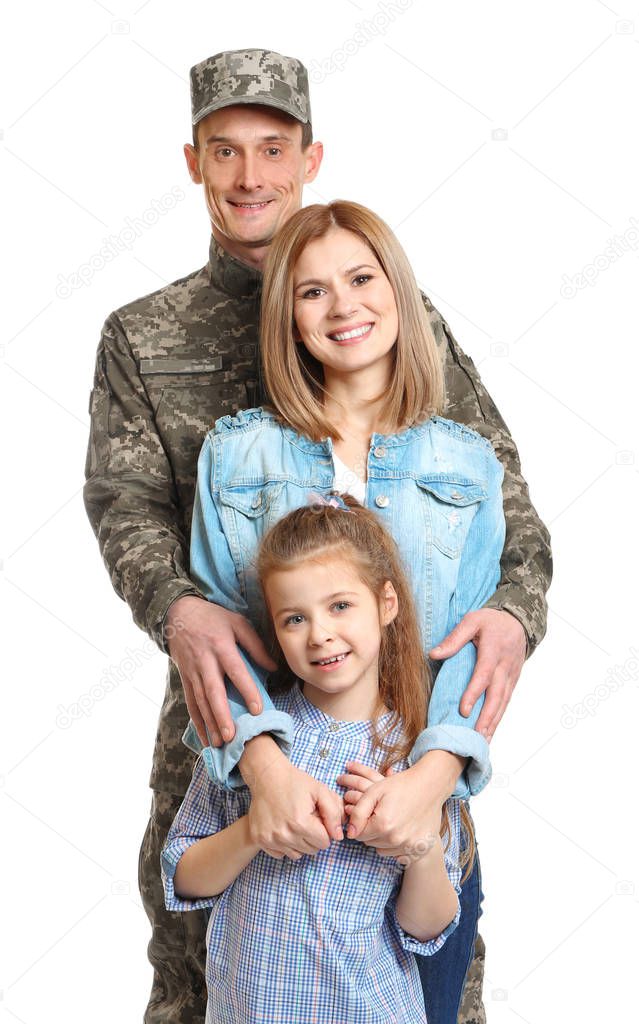 Happy soldier with family on white background
