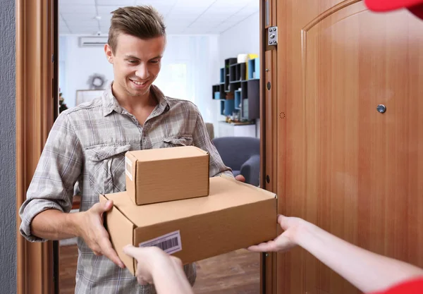 Young Man Receiving Package Courier — Stock Photo, Image