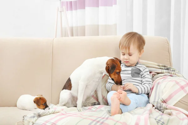 Söt liten pojke med hund — Stockfoto