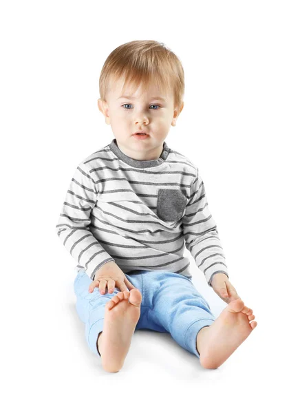 Cute Little Boy Sitting White Background — Stock Photo, Image