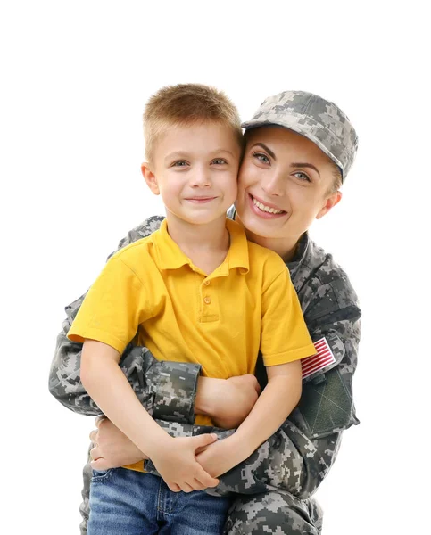 Mãe militar com filho — Fotografia de Stock