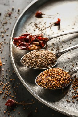 Kaşık içinde baharatlar ile tepsi