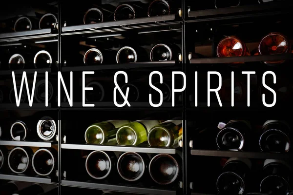 Text WINE AND SPIRITS on background.