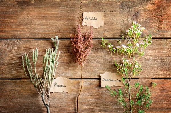 Belas flores na mesa de madeira — Fotografia de Stock