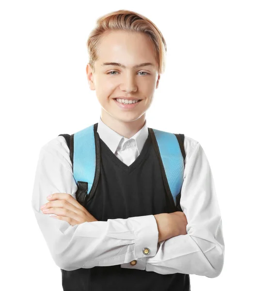 Adolescente Com Mochila Sobre Fundo Branco — Fotografia de Stock