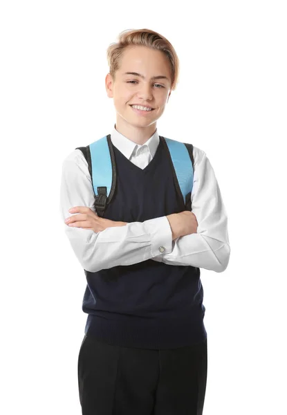 Adolescente Com Mochila Sobre Fundo Branco — Fotografia de Stock