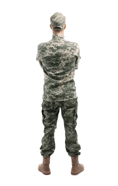 Soldaat in camouflage op wit — Stockfoto