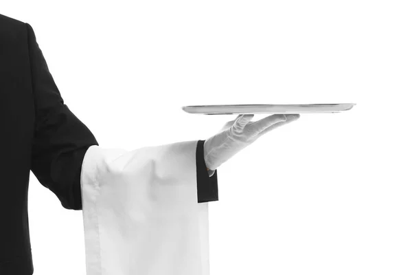Waiter holding empty silver tray — Stock Photo, Image