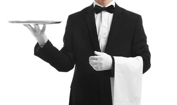 Waiter holding empty silver tray — Stock Photo, Image