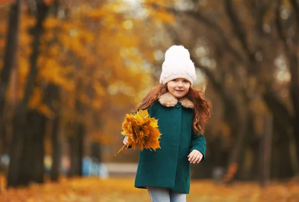 Buket sarı yaprakların kızla — Stok fotoğraf