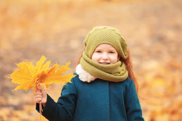 Niedliches Kleines Mädchen Mit Einem Strauß Gelber Blätter Freien — Stockfoto