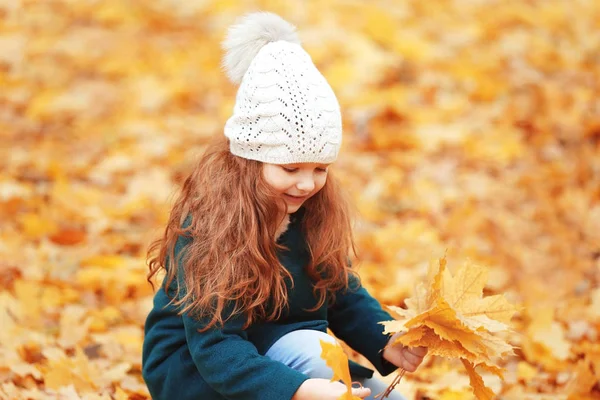 Mädchen sammelt Strauß von Blättern — Stockfoto